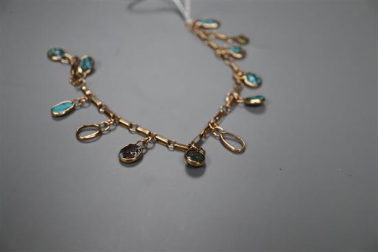 An early 20th century yellow metal and turquoise set bracelet(a.f.), overall length 20.5cm, gross 7.8 grams.